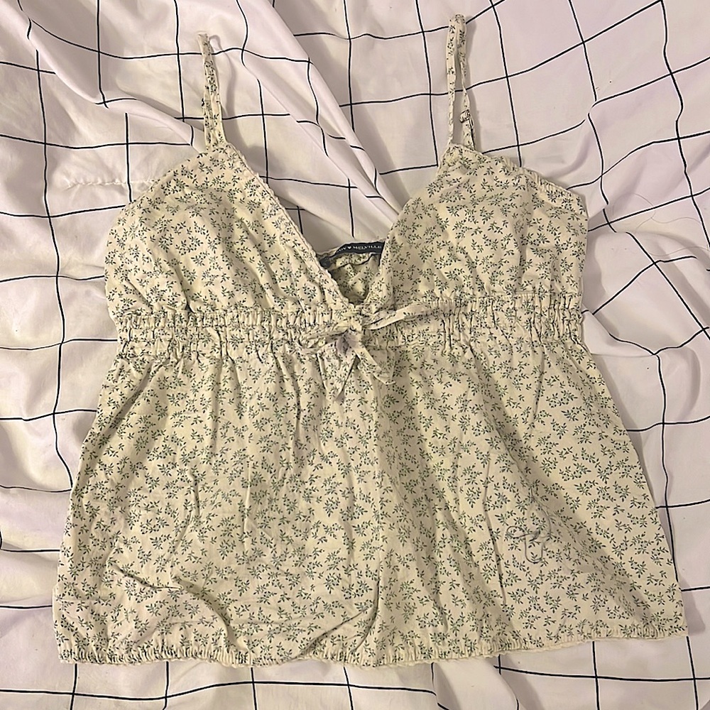 cream and blue floral print v-neck tank